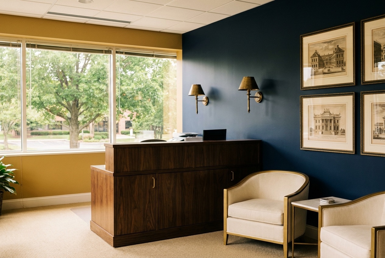Inside the Warrenville office — reception with walnut desk and navy accent wall