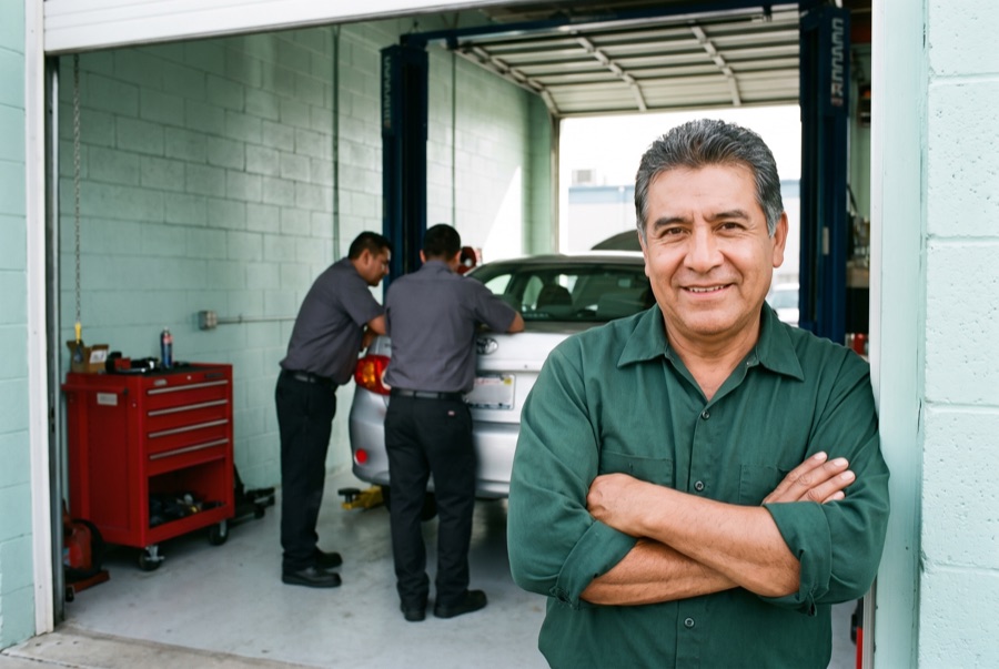 A repair-shop owner standing in his doorway while two mechanics work behind him