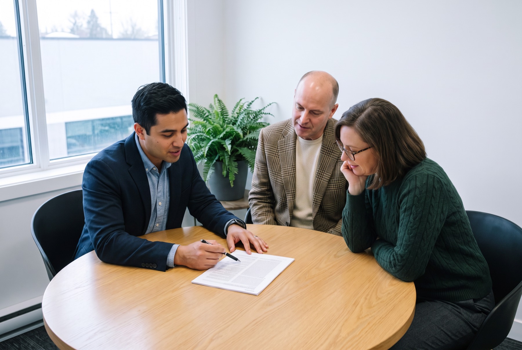 Two advisors and a client working through a printed plan together at a meeting table
