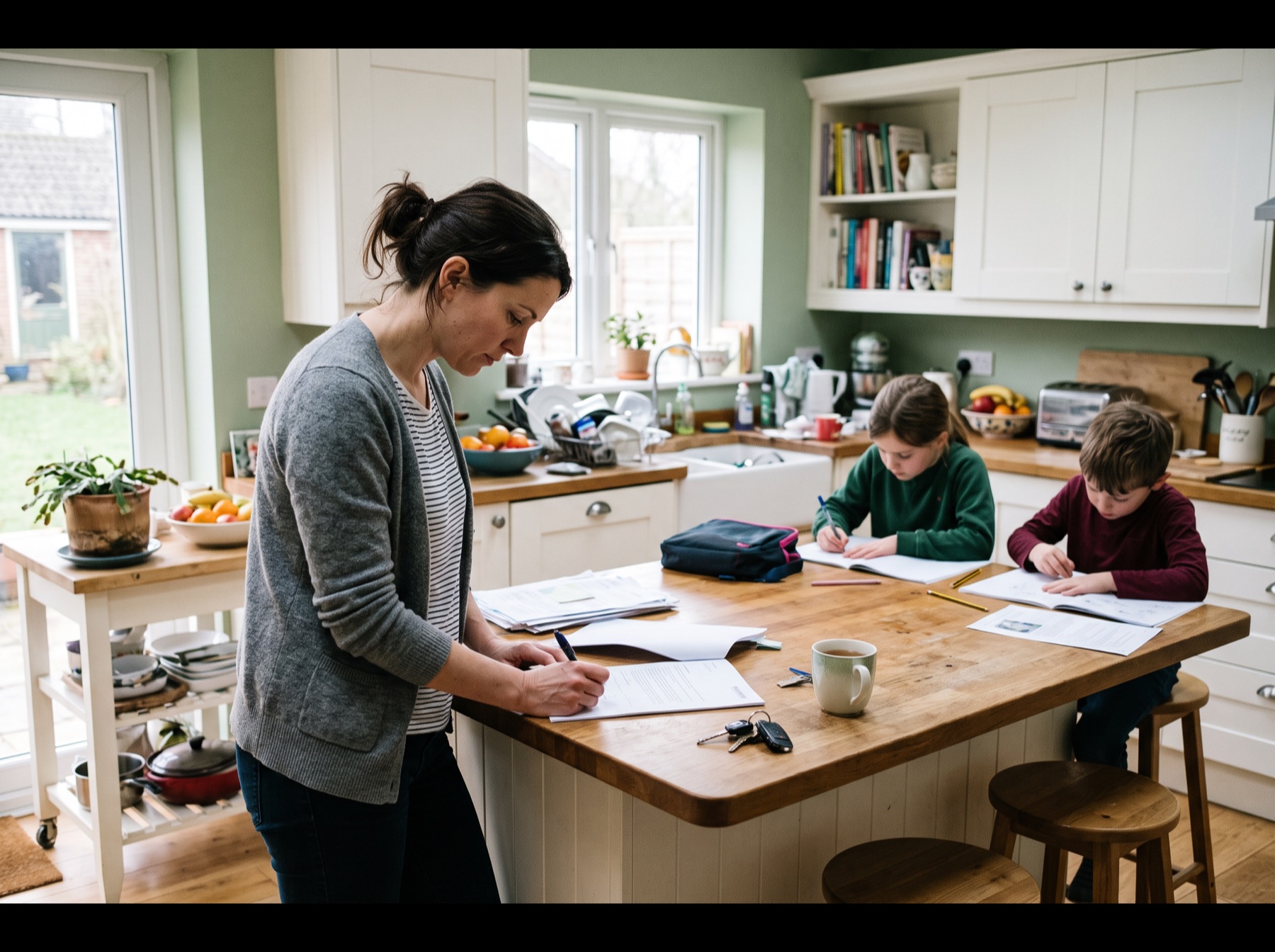 A mother signing a document at the kitchen island while her children do homework nearby