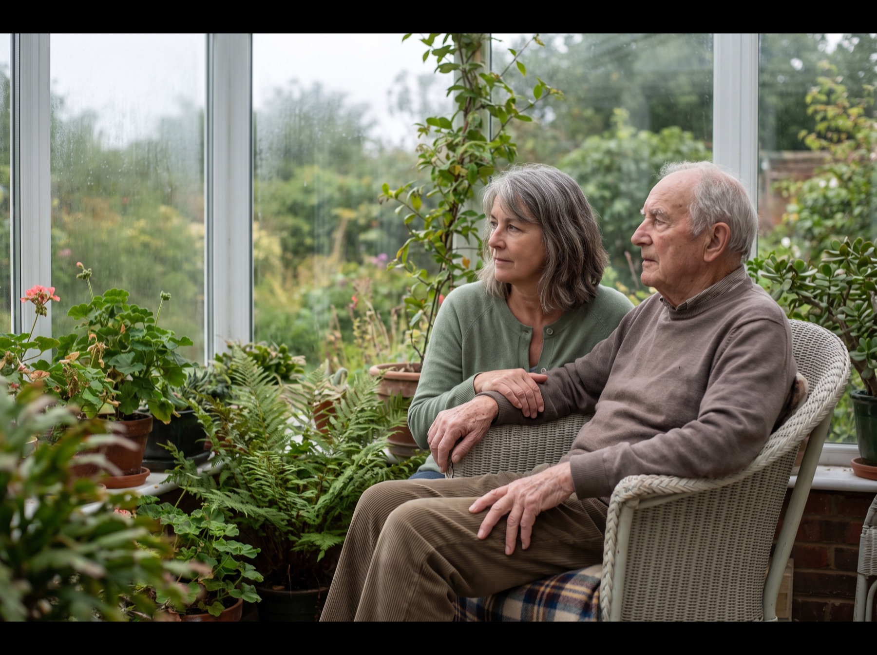 An adult daughter sitting with her elderly father in a sunlit conservatory, her hand over his