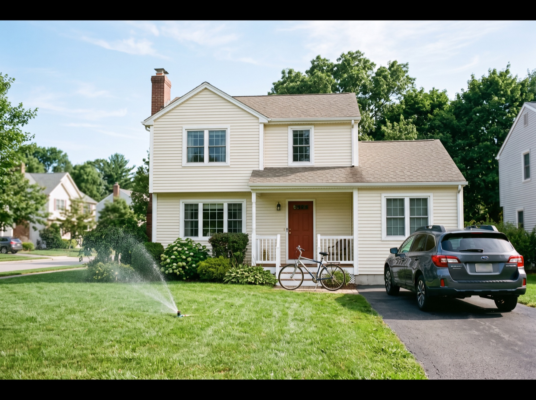 A suburban family home on a bright morning, car in the driveway and a bicycle on the porch