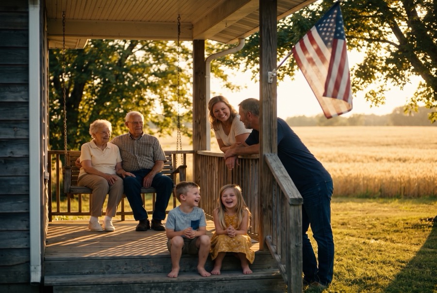 Three generations of a family together on a porch